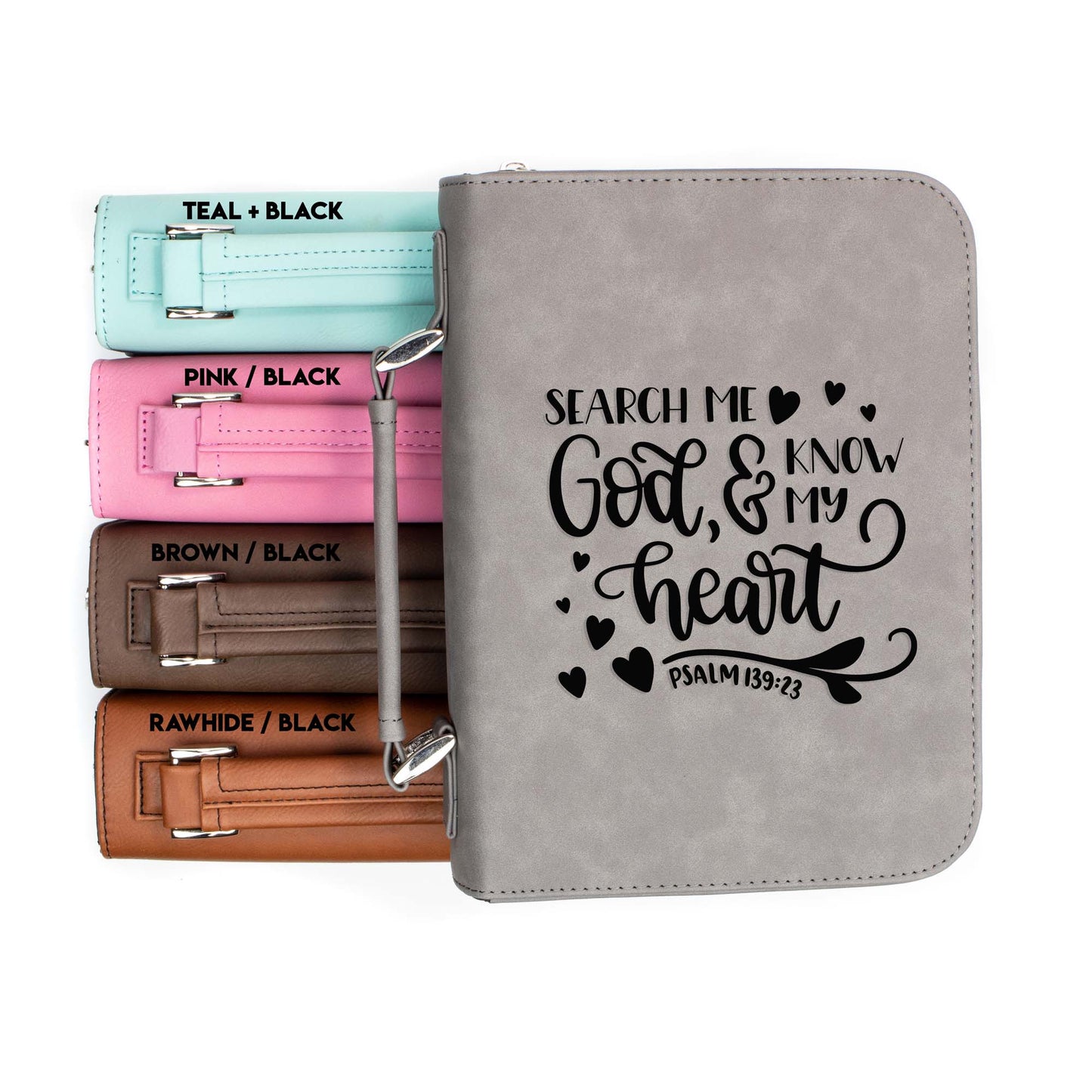 Search Me God and Know My Heart Psalm 139-23 Bible Cover | Faux Leather With Handle + Pockets