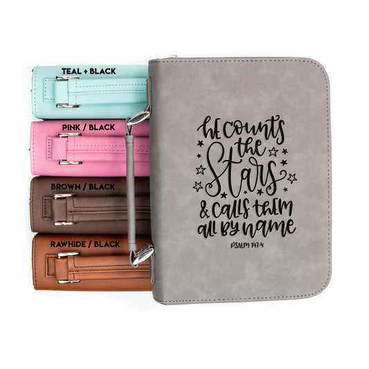 Calls Them All By Name Psalm 147-4 Bible Cover | Faux Leather With Handle + Pockets