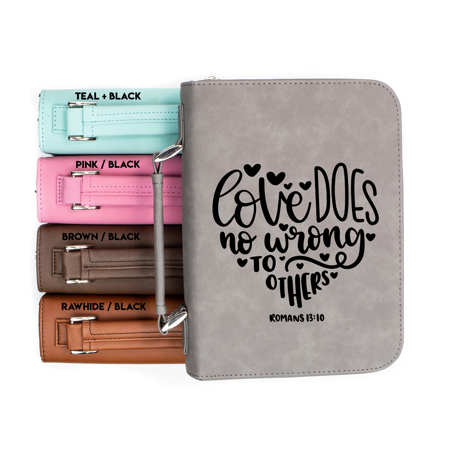 Love Does No Wrong To Others - Romans 13:10 - Bible Book Cover | Faux Leather With Handle + Pockets