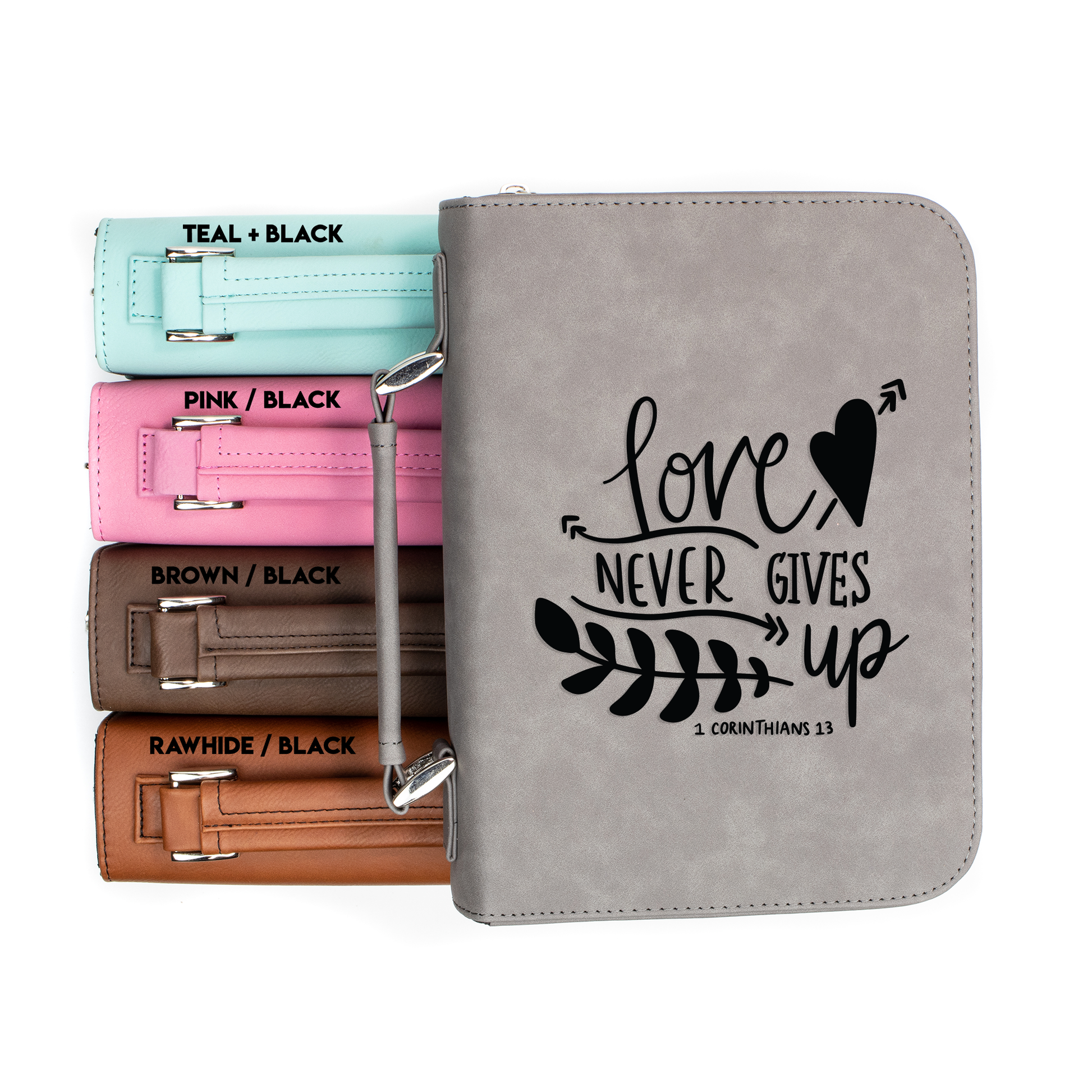 Love Never Give Up 1 Corinthians 13 Bible Cover | Faux Leather With Handle + Pockets