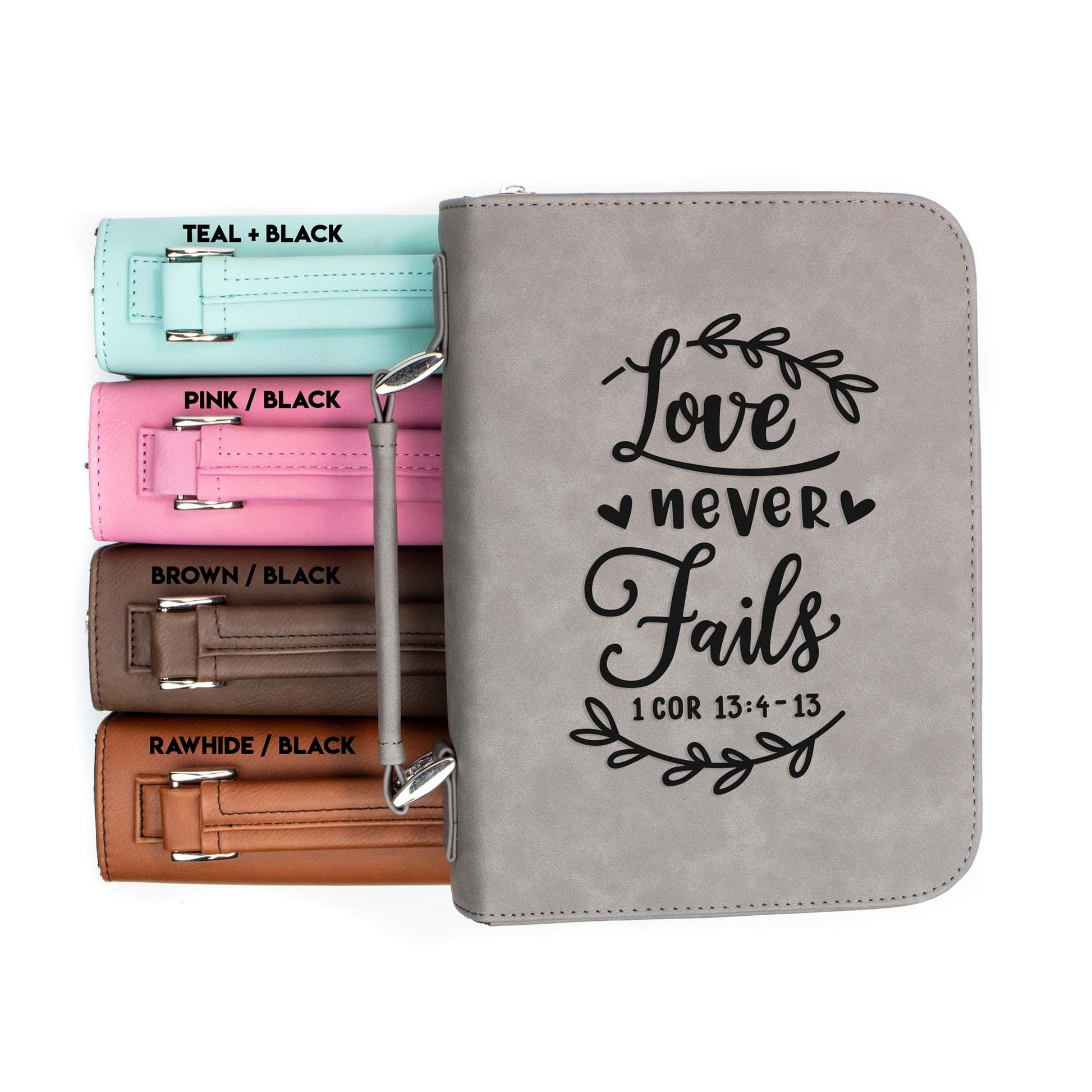 Love Never Fails 1 Corinthians 13-4-13 Bible Cover | Faux Leather With Handle + Pockets