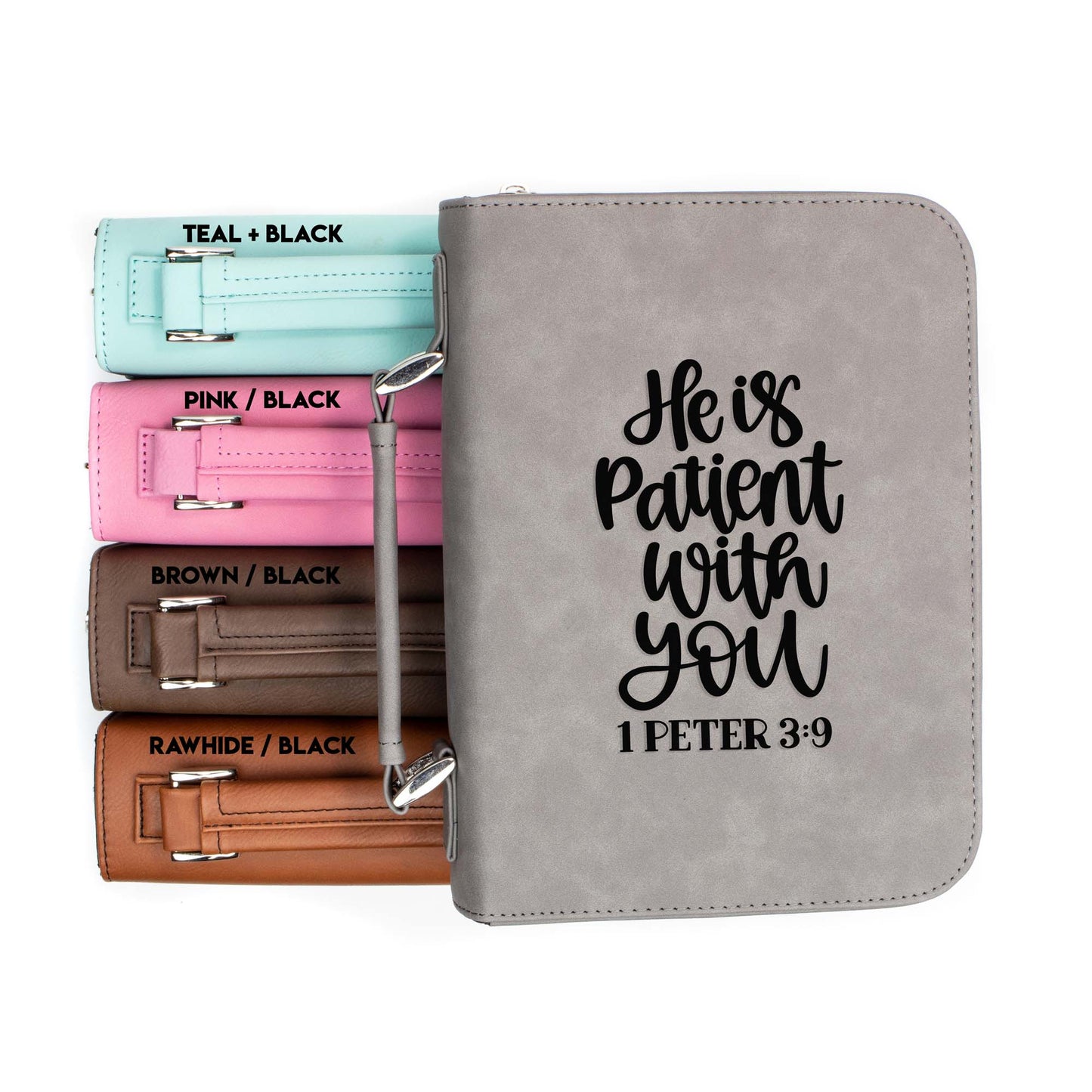 He is Patient with You 1 Peter 3-9 Bible Cover | Faux Leather With Handle + Pockets