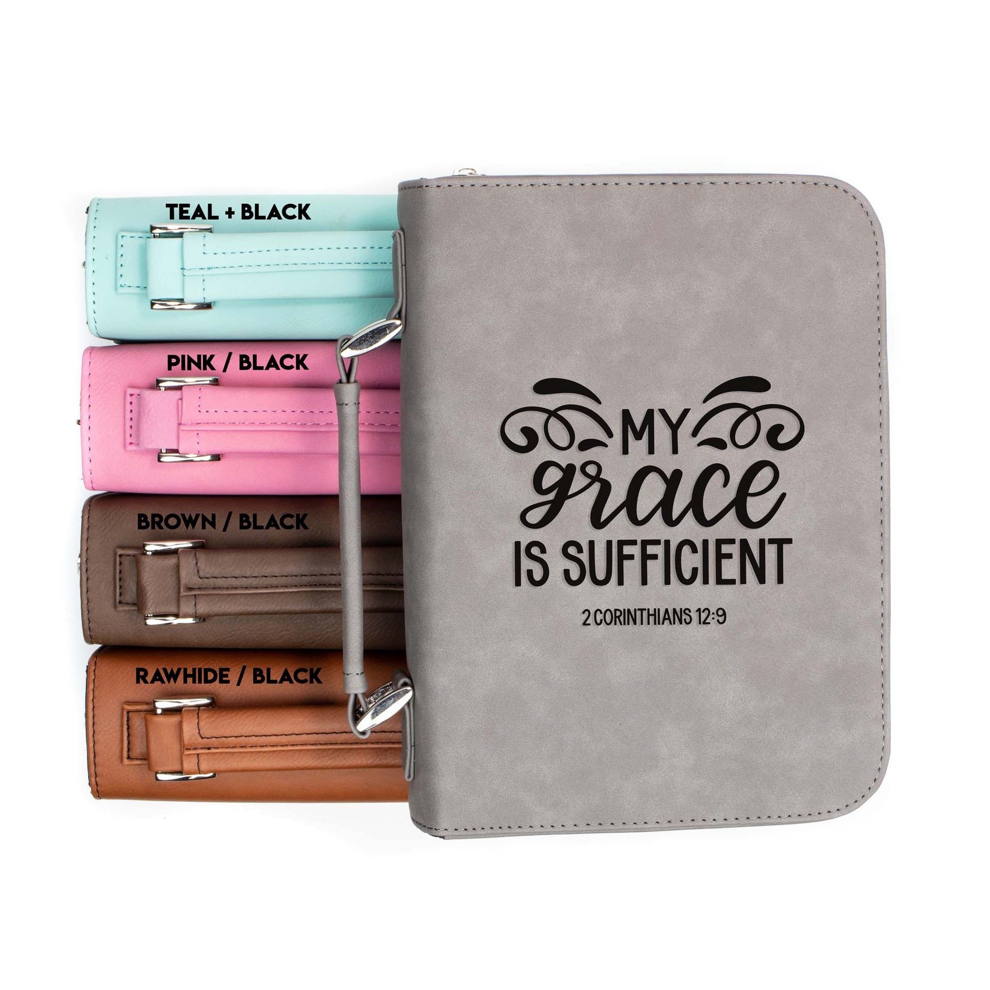 My Grace is Sufficient 2 Corinthians 12-9 Bible Cover | Faux Leather With Handle + Pockets