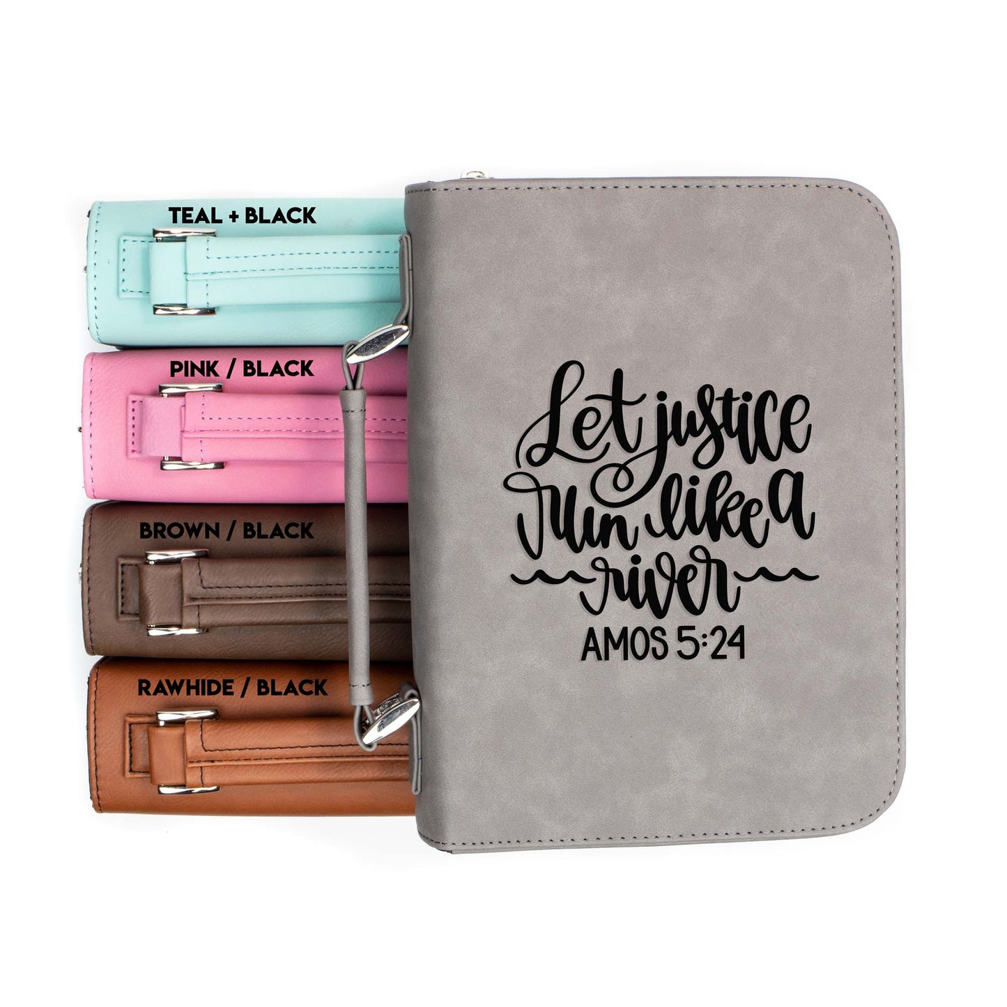Let Justice Run Like a River Amos 5-24 Bible Cover | Faux Leather With Handle + Pockets