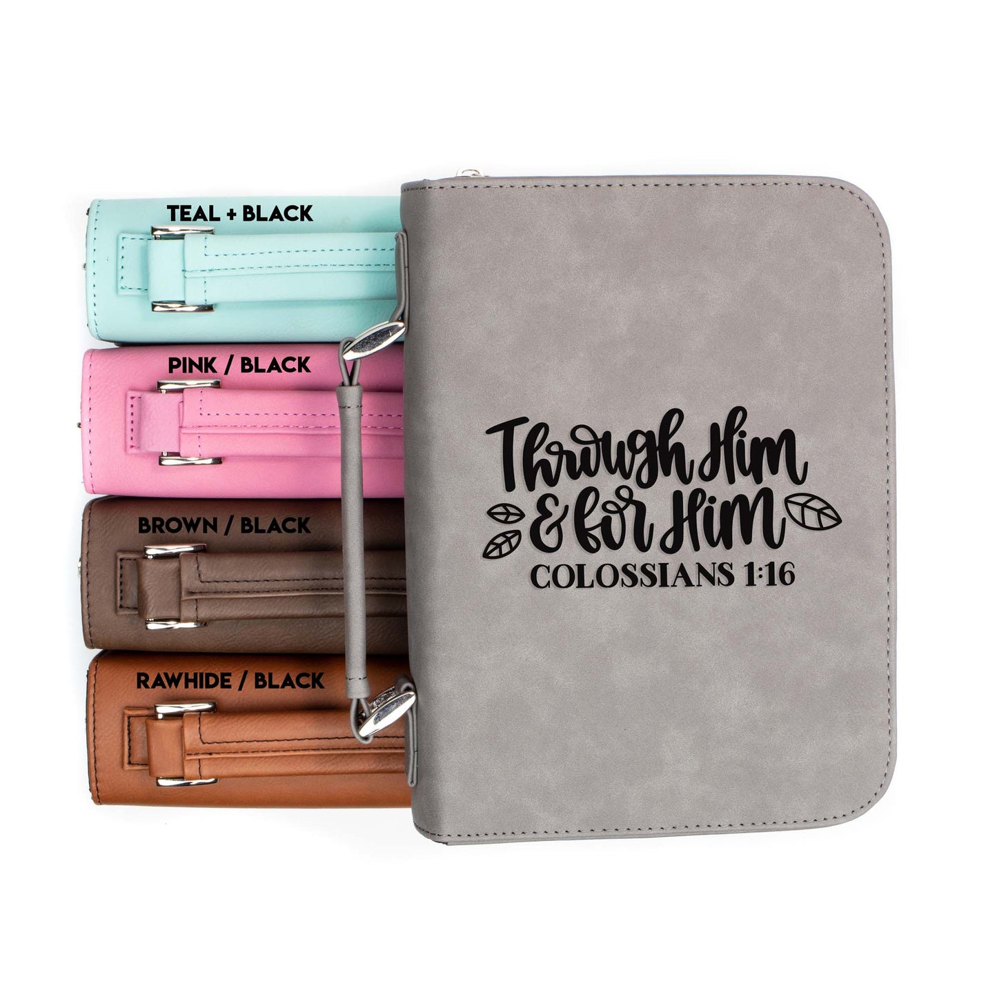 Through Him and For Him Colossians 1-16 Bible Cover | Faux Leather With Handle + Pockets