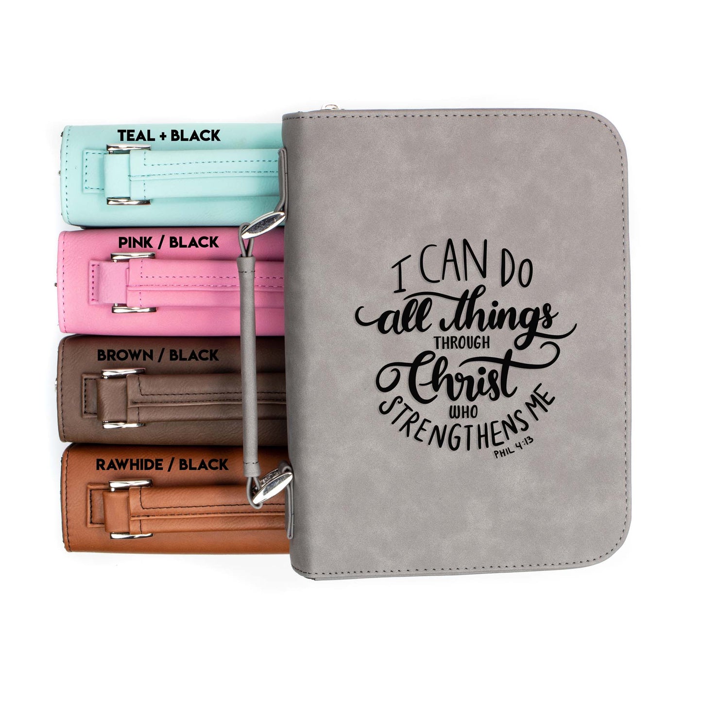 All Things Through Christ Philippians 4-13 Bible Cover | Faux Leather With Handle + Pockets