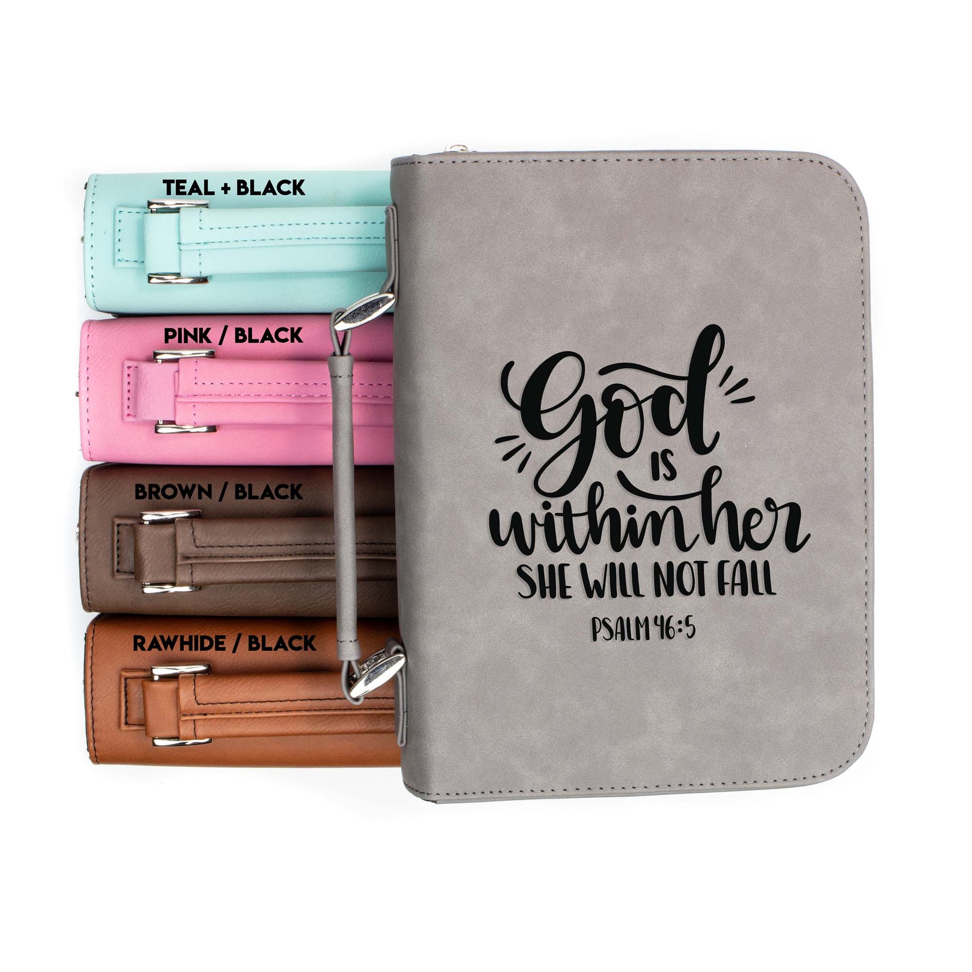 She Will Not Fail Psalm 46-5 Bible Cover | Faux Leather With Handle + Pockets