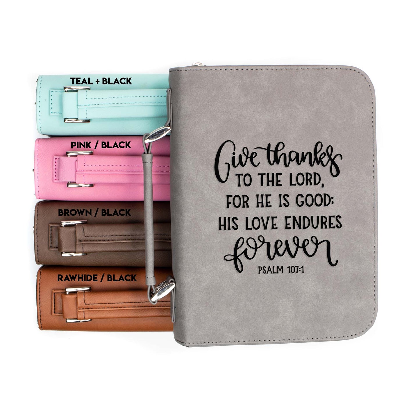 Give Thanks to the Lord Psalm 107-1 Bible Cover | Faux Leather With Handle + Pockets