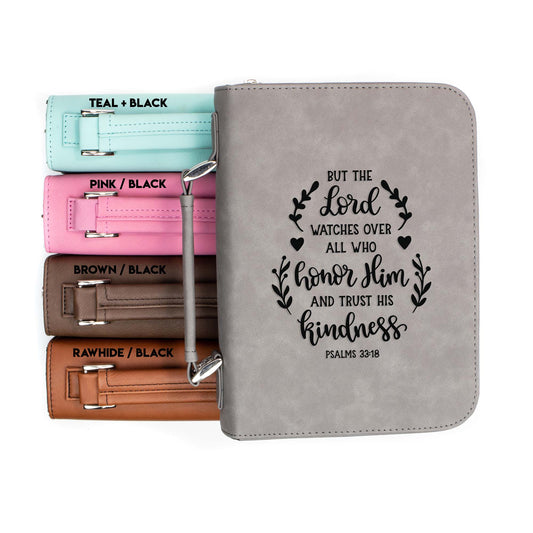 The Lord Watches Over - Psalms 33-18 Bible Cover | Faux Leather With Handle + Pockets