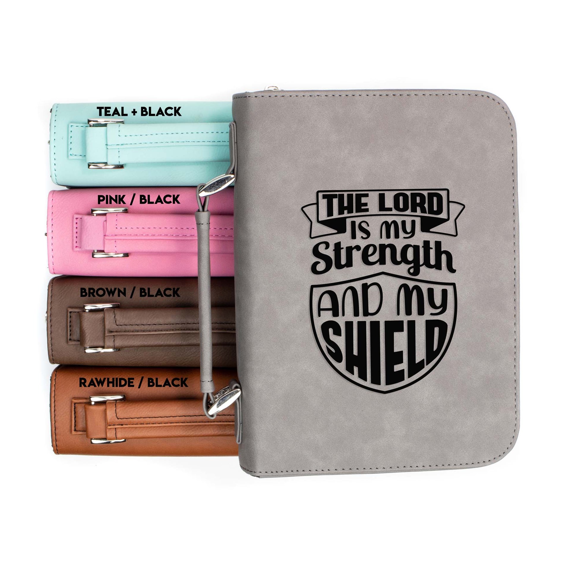 The Lord Is My Strength And My Shield Bible Cover | Faux Leather With Handle + Pockets